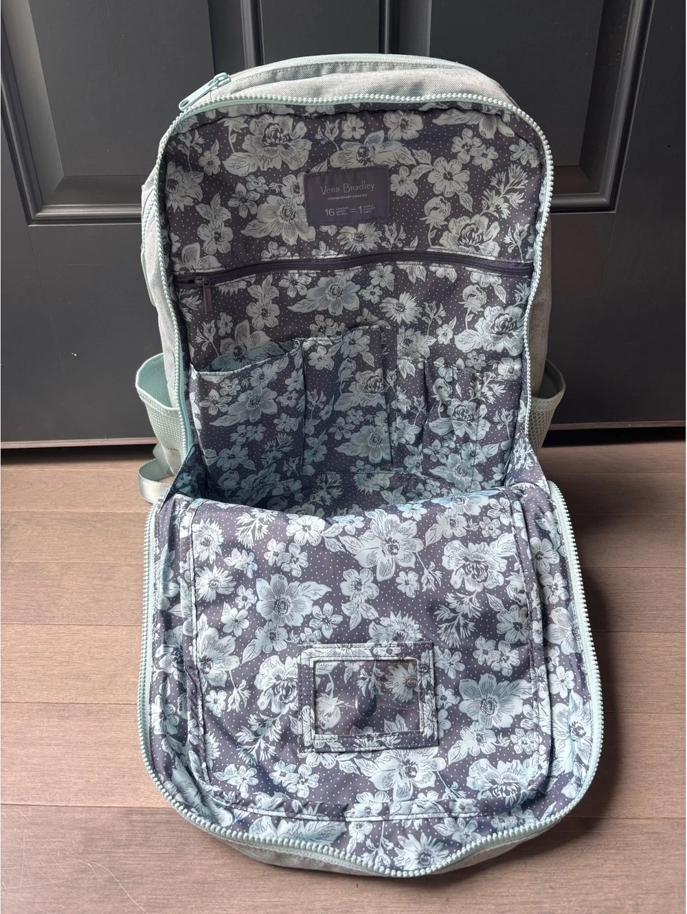Light green Vera Bradley large backpack travel zip pockets unisex adult school